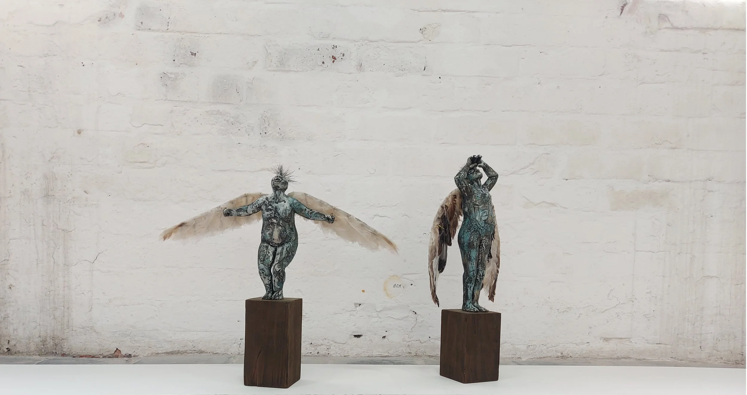 Icarus & Daedalus - 
2019 - 
Stoneware figures depicting the famous Greek father and son. I used real feathers and wax for the wings. Click on the image to read more about the making process