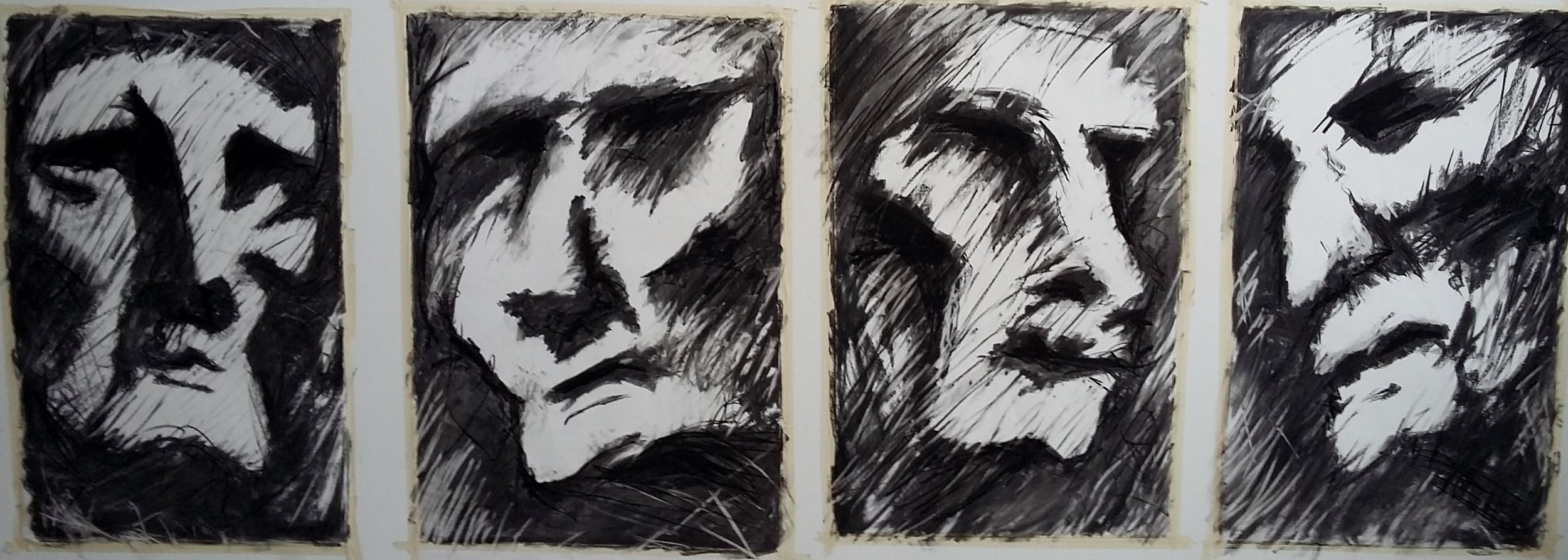 Strings Attached Installation 2017 -      
Part of the installation was these four massive charcoal drawings. These were from ink sketches I made when on a trip to Italy. It was in the Siena Cathedral, Santa Maria Assunta.