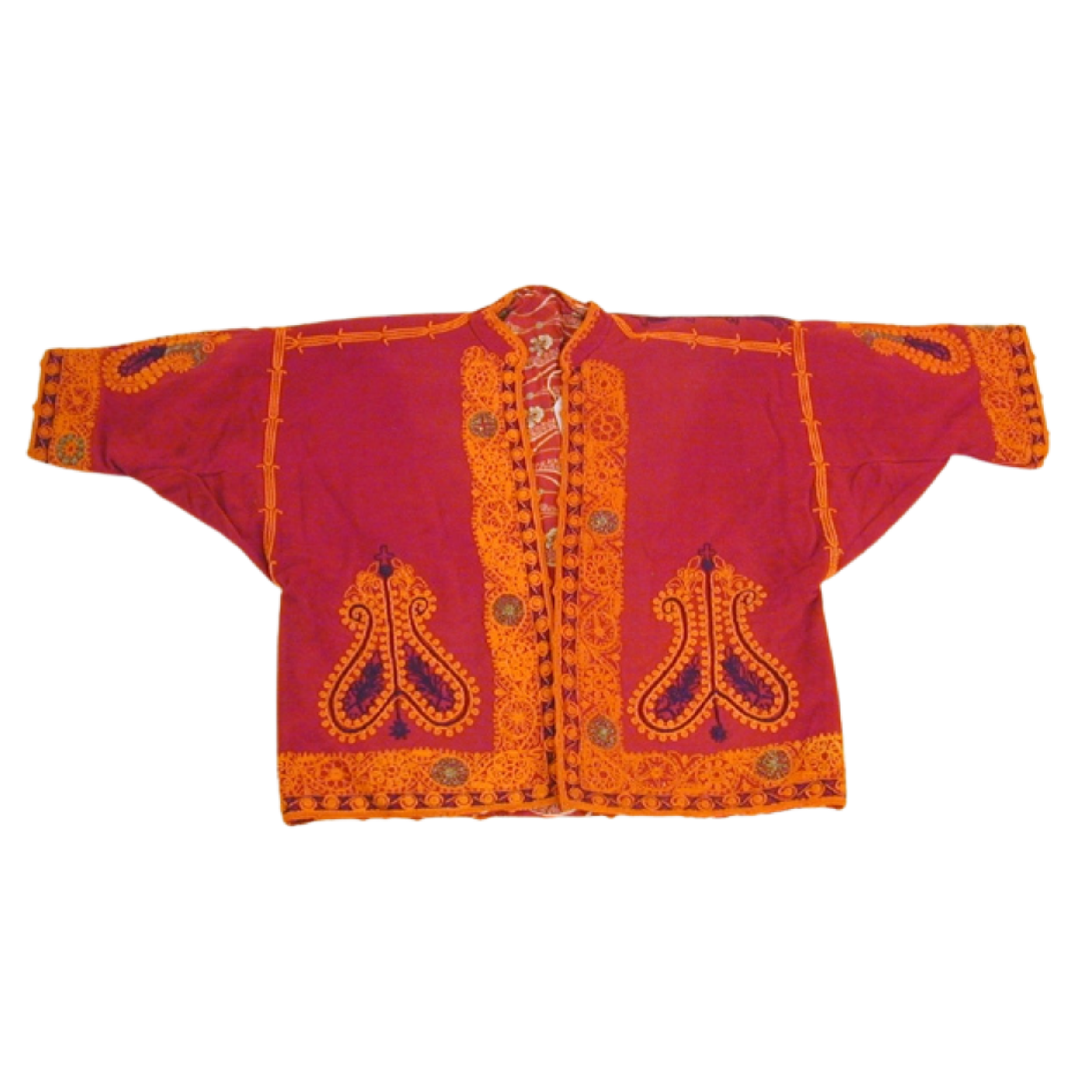 "Red, short sleeved, bolero style wool jacket"