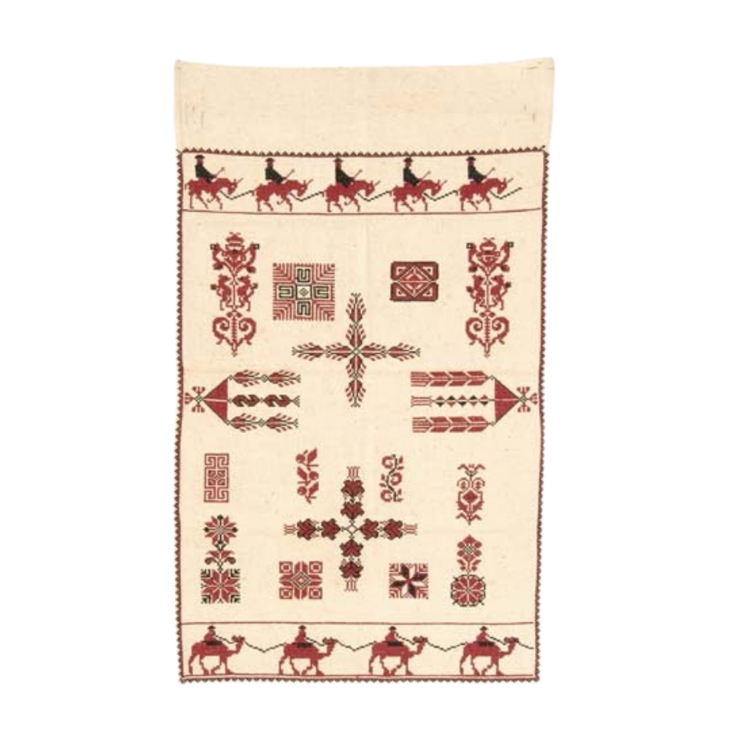 "Sampler decorated with red and black cross-stitch. On the bottom border the figure is riding on a camel. Place: Beirut."