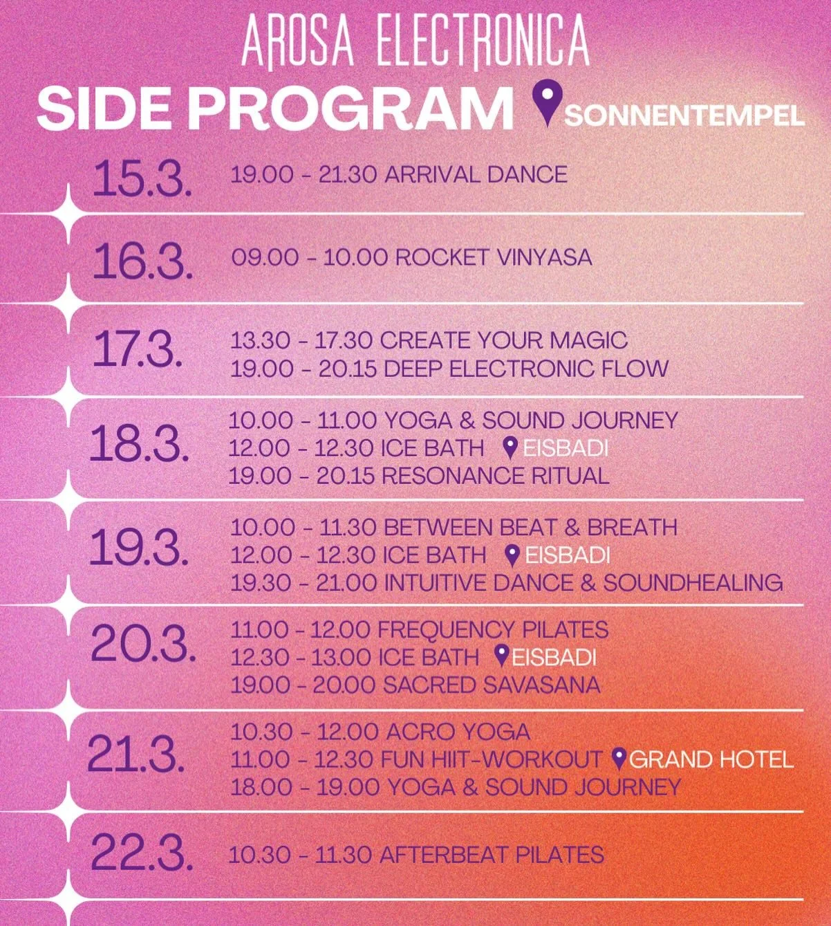 Es ist mir eine Freude euch das diesj&auml;hrige Sideprogram vom Arosa Electronica zu pr&auml;sentieren 🌈🌟✨💃🏻 Wir freuen uns auf High Vibes und Nervensystem Regulation im Sonnentempel 🌞