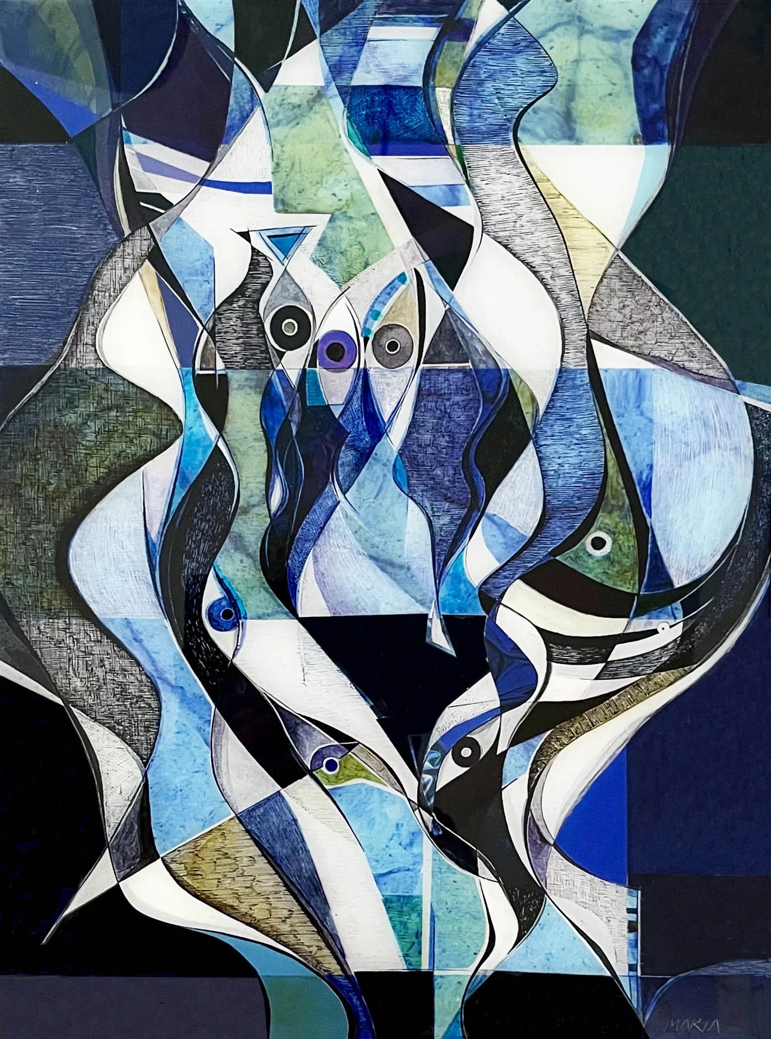 “Symphony in Blue”, mixed media on Aluminum,  epoxy finish, W16”/40.5cmcm X H18”/46cm