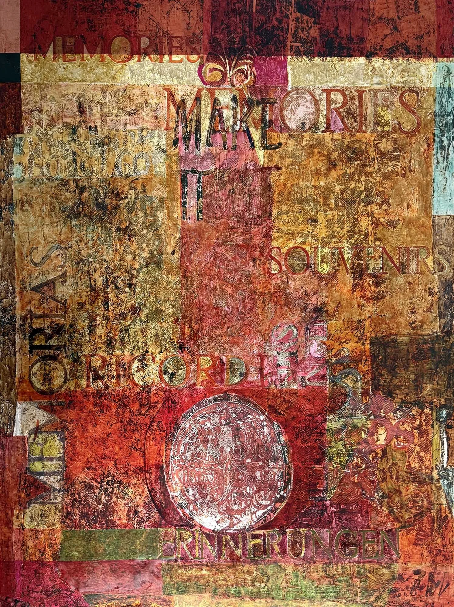 “Memories 2”, mixed media on aluminum, W35.5”/90.2cm X H47.5”/120.7cm