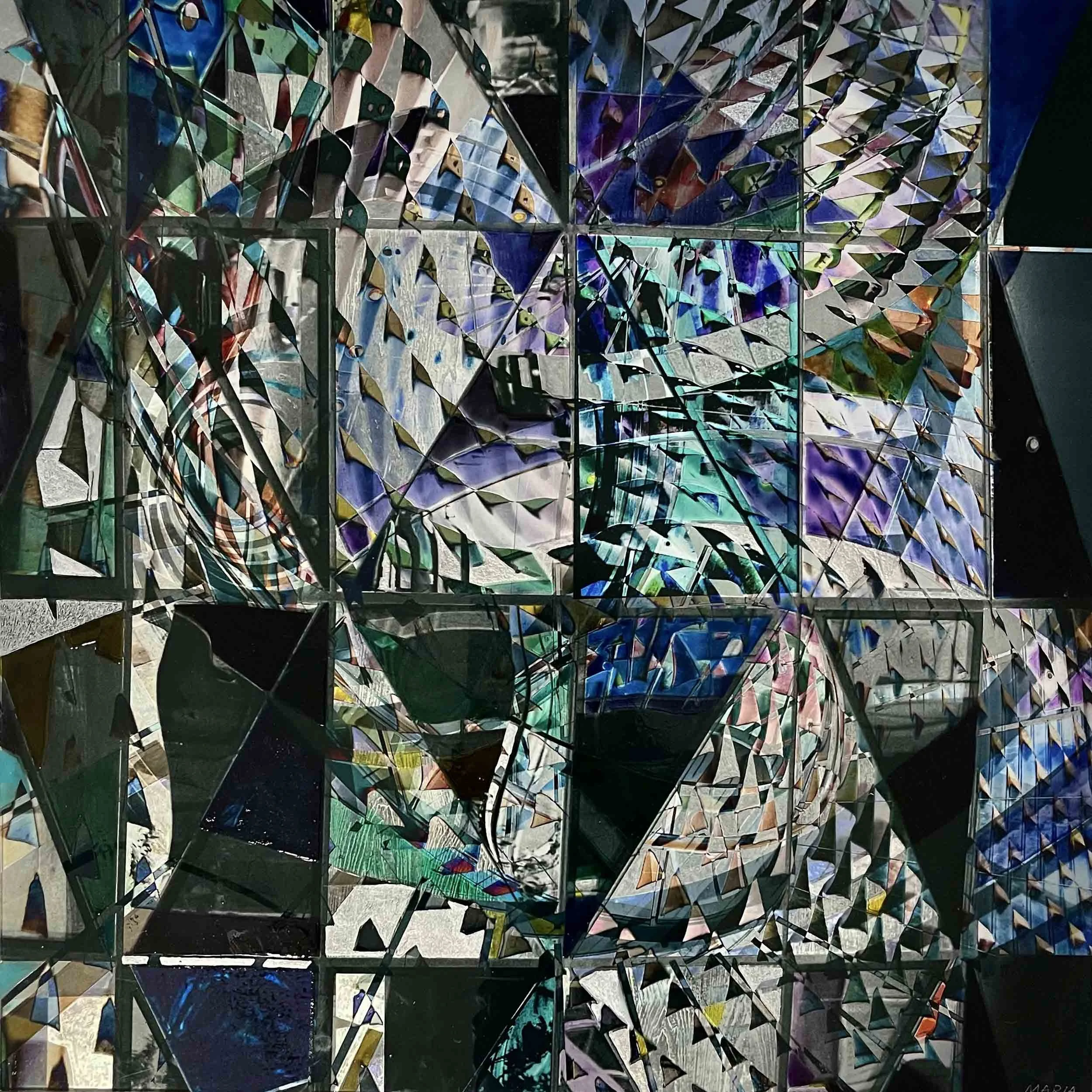 “Urban 1”, mixed media on glass, W24”/61cm X H24”/61cm