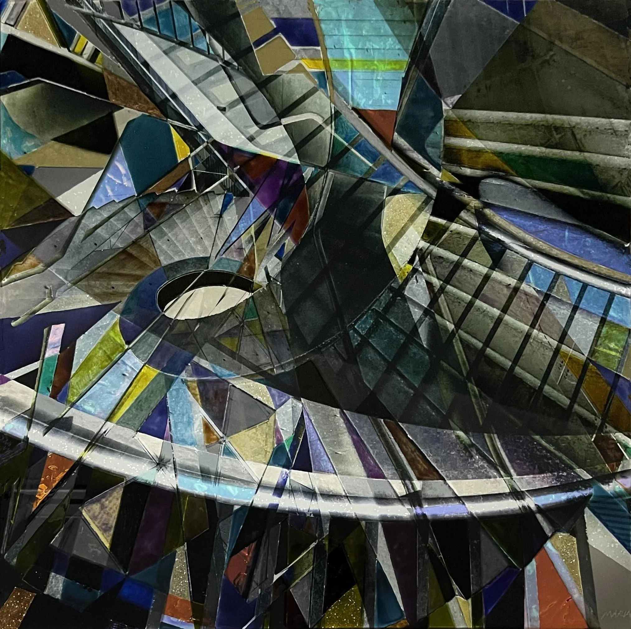 “Urban 2”, mixed media on glass, W24”/61cm X H24”/61cm