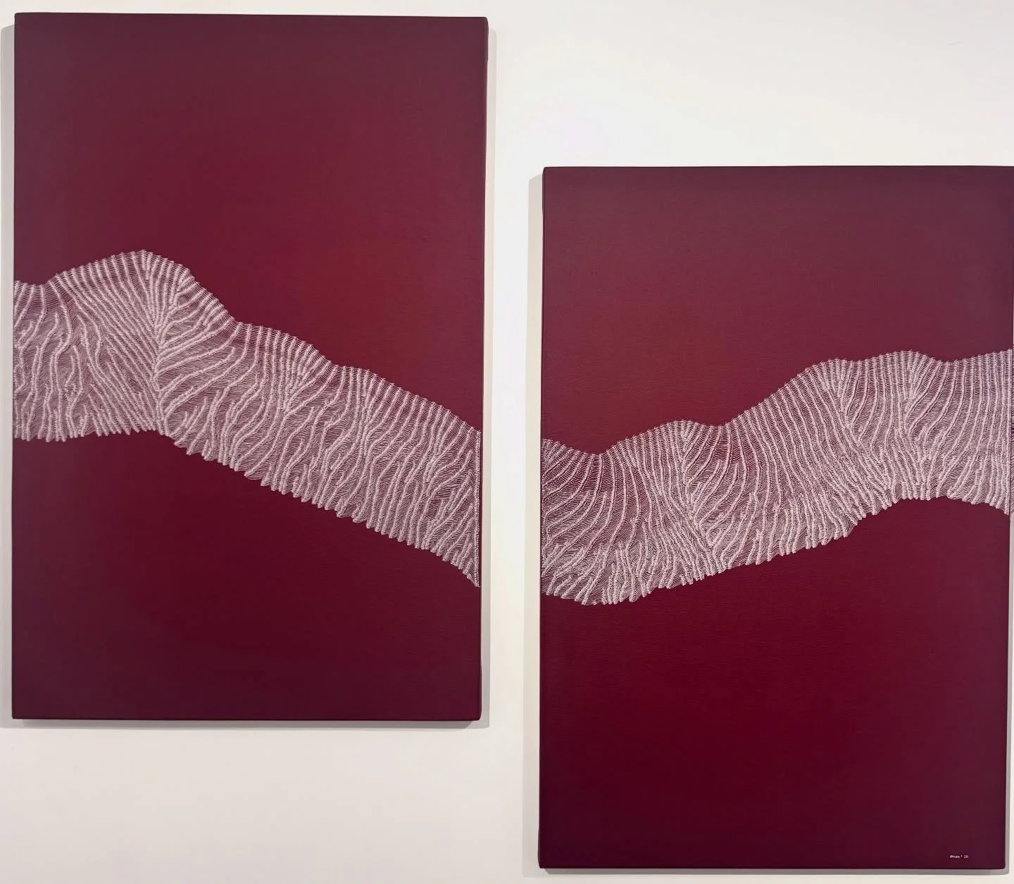 &lrm;دھک
(Dhak)
Acrylic and ink on canvas
24 x 36 inch, 24 x 36 inch (Diptych)
2026

Dhak, the onomatopoeic sound of a heartbeat, evokes the emotional and sensory density of the city. The work gathers within its rhythm fear, tenderness, urgency, love