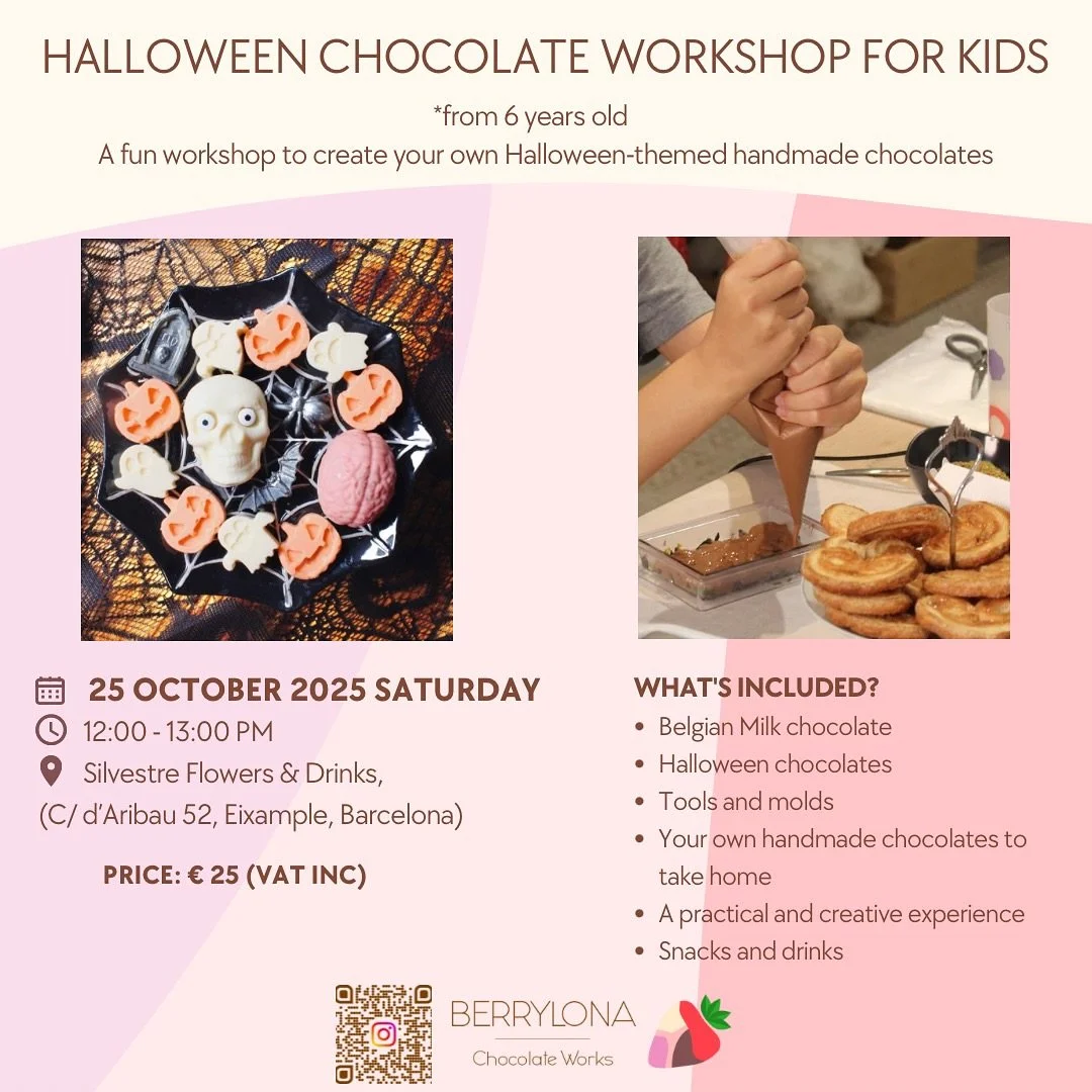 A fun workshop to create your own Halloween-themed handmade chocolates 🎃👻💀🍫
*from 6 years old

📅 Date: Saturday, October 25th, 2025
🕚 Time: 12:00 - 13:00 PM
📍 Location: Silvestre Flowers &amp; Drinks, 
(C/ d&rsquo;Aribau 52, Eixample, Barcelon