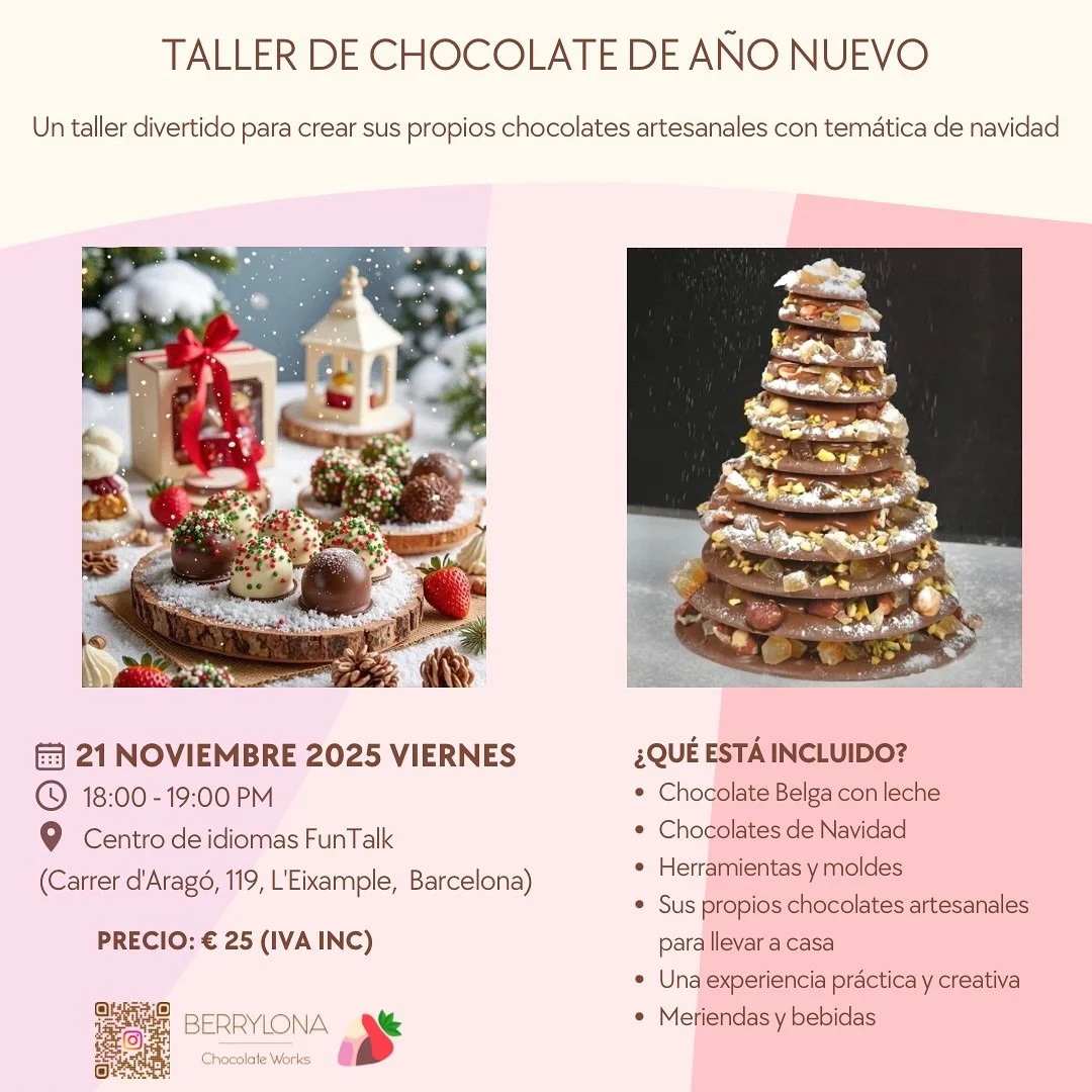 Taller divertido para crear tus propios bombones artesanales con tem&aacute;tica de Navidad

📅 Fecha: Viernes, 21 de noviembre de 2025
🕚 Hora: 18:00 &ndash; 19:00
📍 Lugar: Centro de idiomas FunTalk (Carrer d&rsquo;Arag&oacute;, 119, L&rsquo;Eixamp