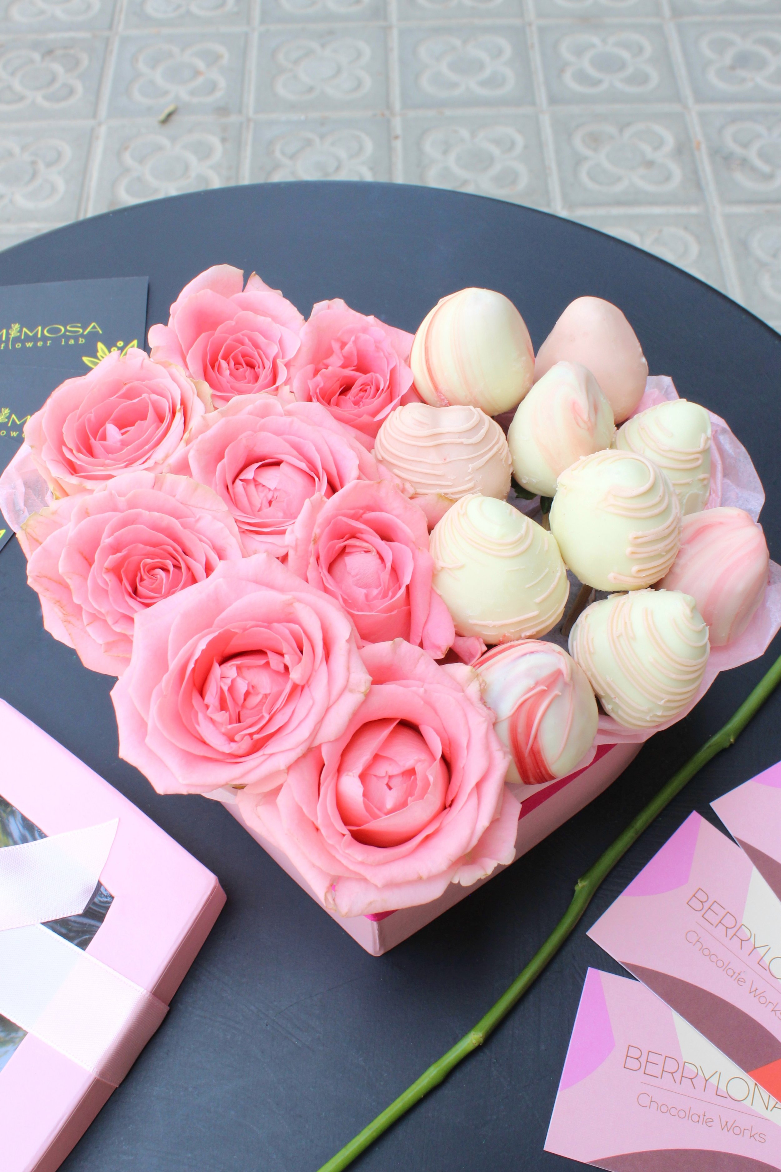 Chocolate Covered Strawberries and Pink Roses in a Heart Box in Barcelona by Berrylona Chocolate Works Perfect For Gift