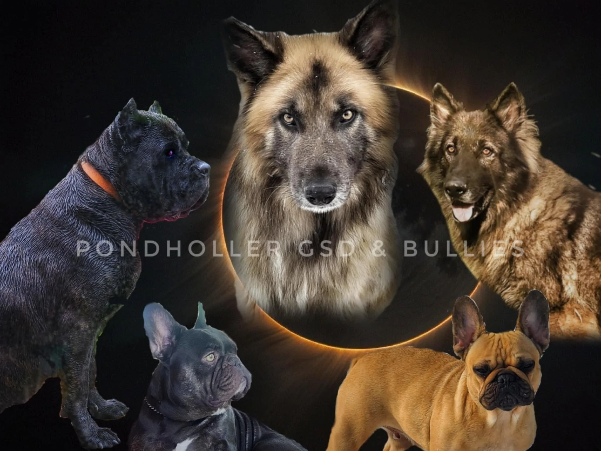 Collage of various dog breeds including  a French Bulldog,  Cane Corso with a German Shepherd in the center and a faint glowing ring in the background.