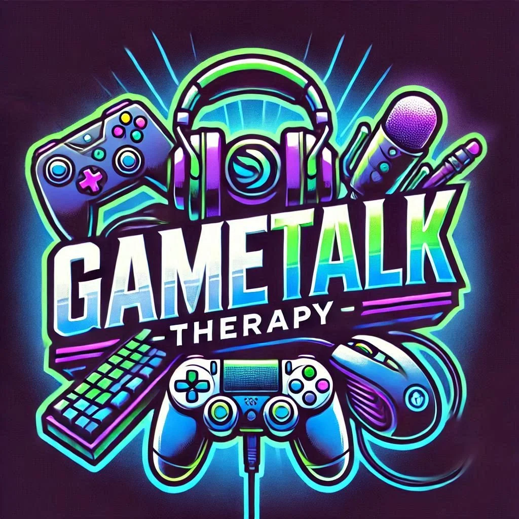 Neon-style illustration of gaming controllers, a microphone, and headphones surrounding the text 'Game Talk Therapy' in vibrant colors.