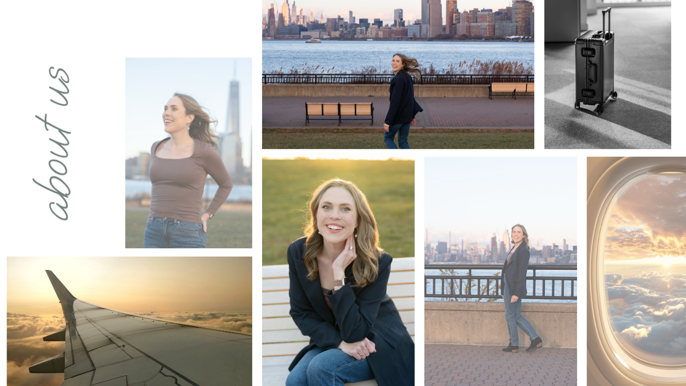 A collage of travel and leisure scenes including Megan Freedman - founder of Freed Travel - enjoying city views.