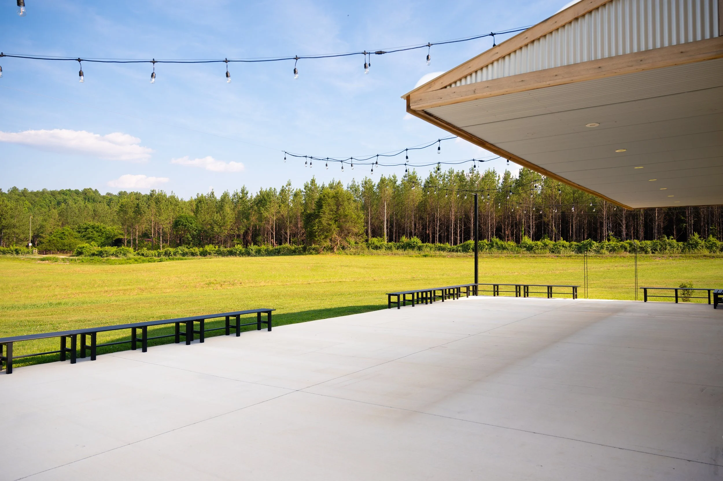 At Sawyers Cove Farm, a highly recommended venue in Calera, Alabama, our back patio features charming cafe lights and black metal benches.  