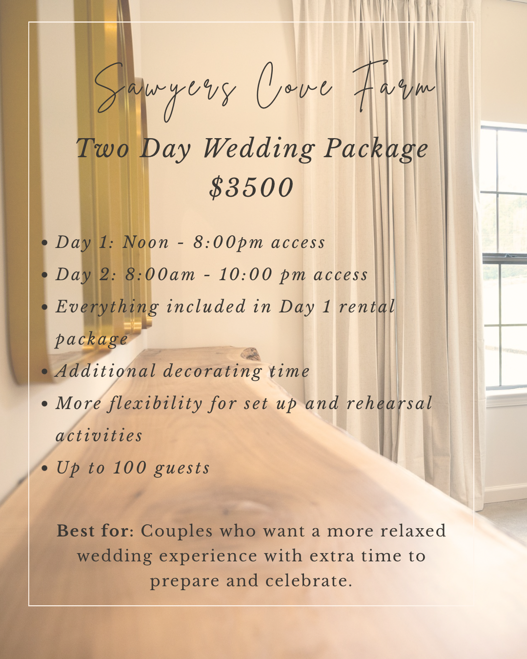 Two Day Wedding Package Details for Central Alabama Venue, Sawyers Cove Farm
