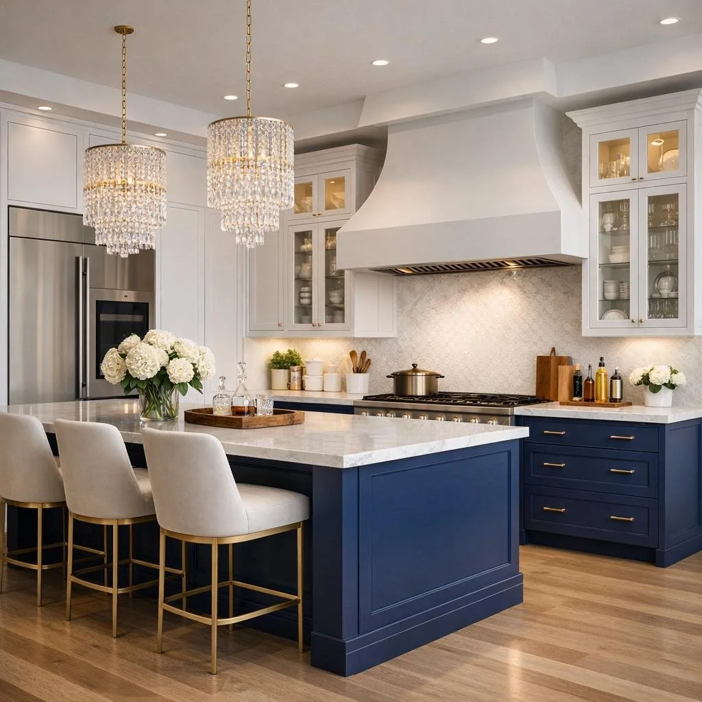 Modern kitchen with white upper cabinets, navy blue lower cabinets, a white range hood, and a marble island with seating for four. Two crystal chandeliers hang above the island, and there are flowers in vases on the counter and island.