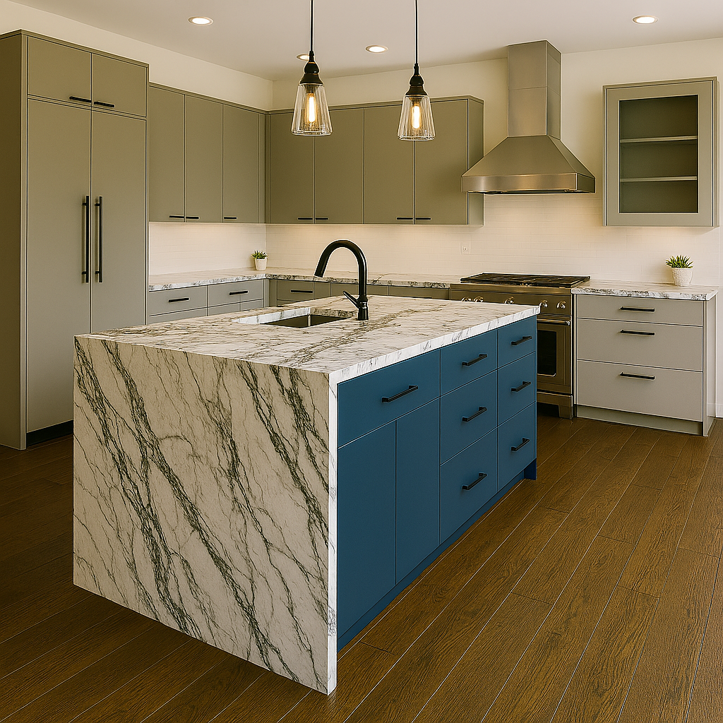 Modern kitchen with green and blue cabinets, marble countertops, stainless steel appliances, pendant lighting, and hardwood floors.