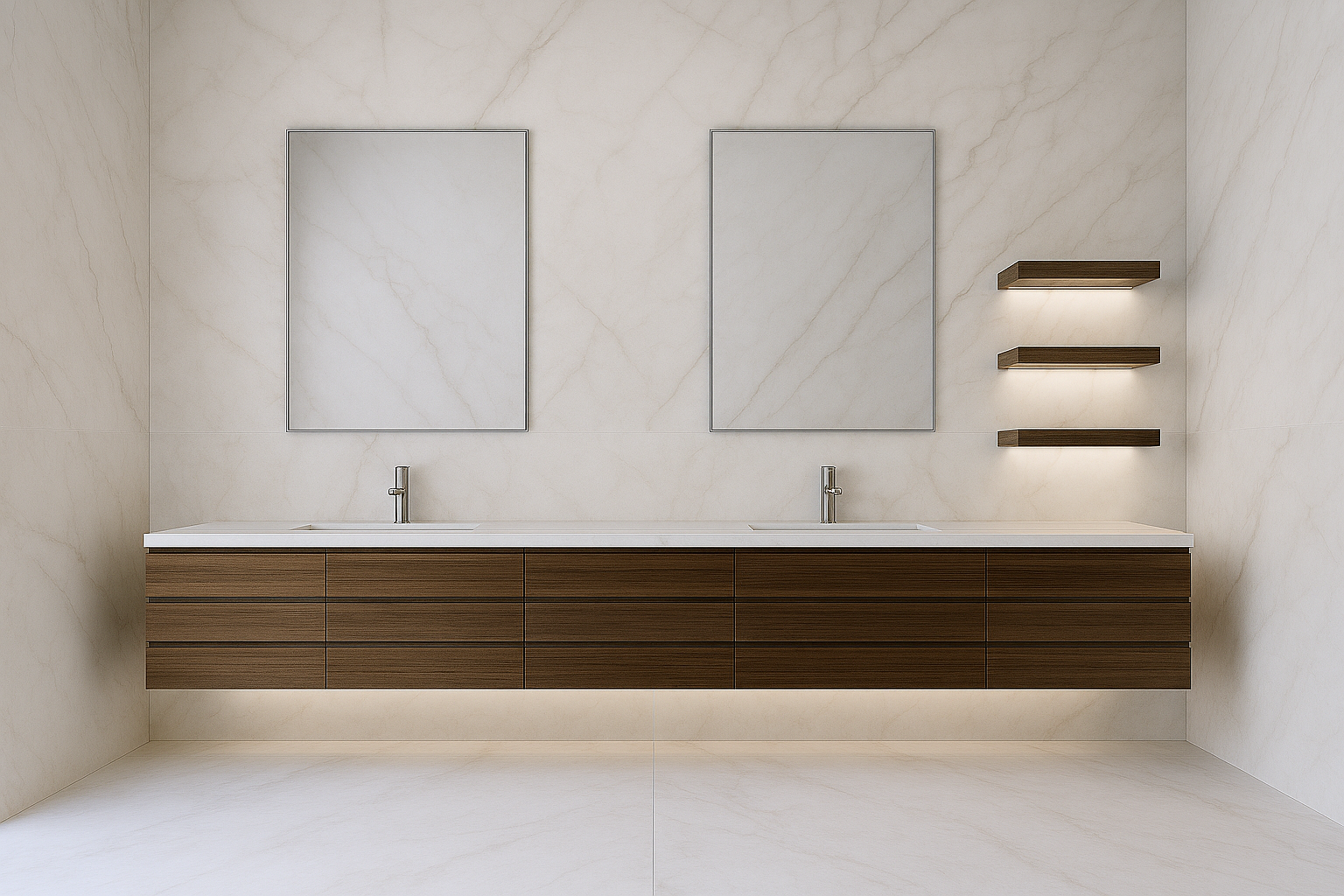 Minimalist bathroom with double vanity, two mirrors, and three floating shelves on the wall.