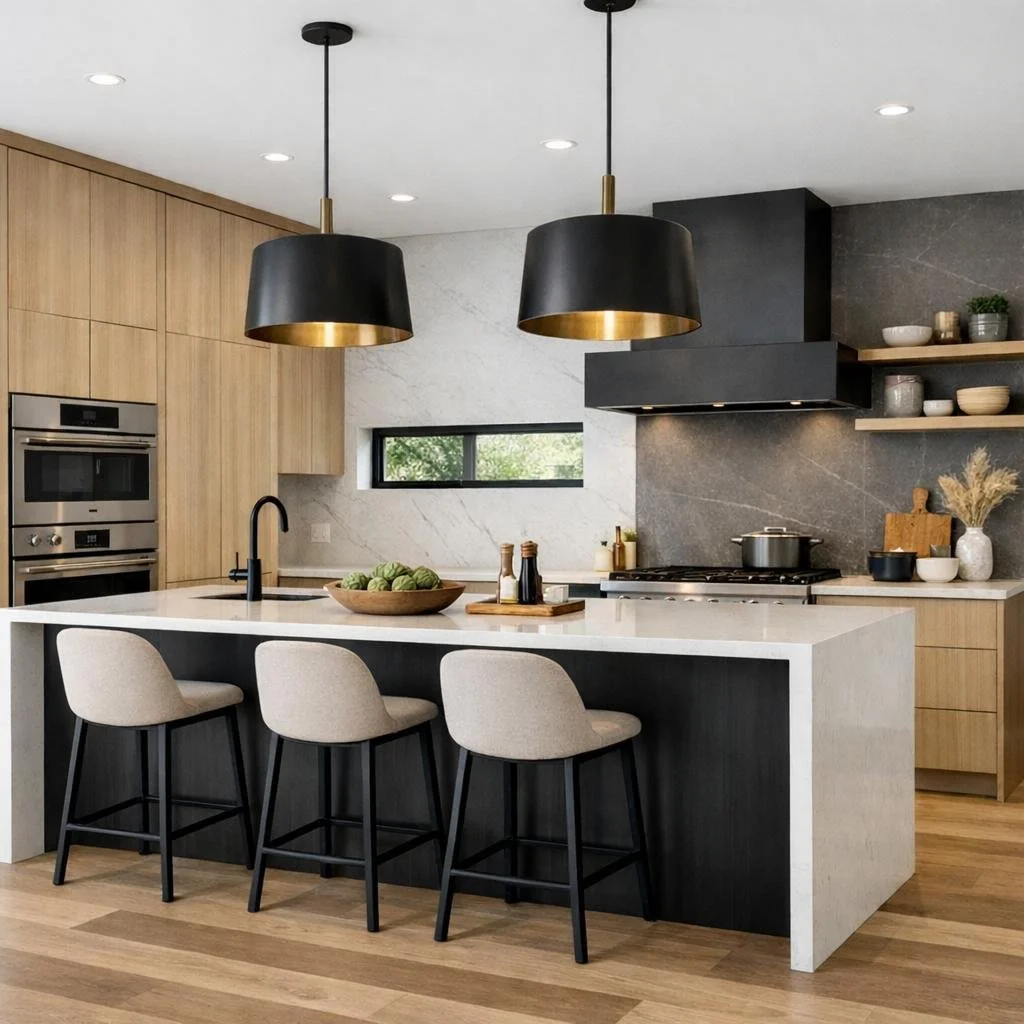 Modern kitchen with light wood cabinets, a large white island with a black base, three beige bar stools, black pendant lights, and a stone wall with a window.