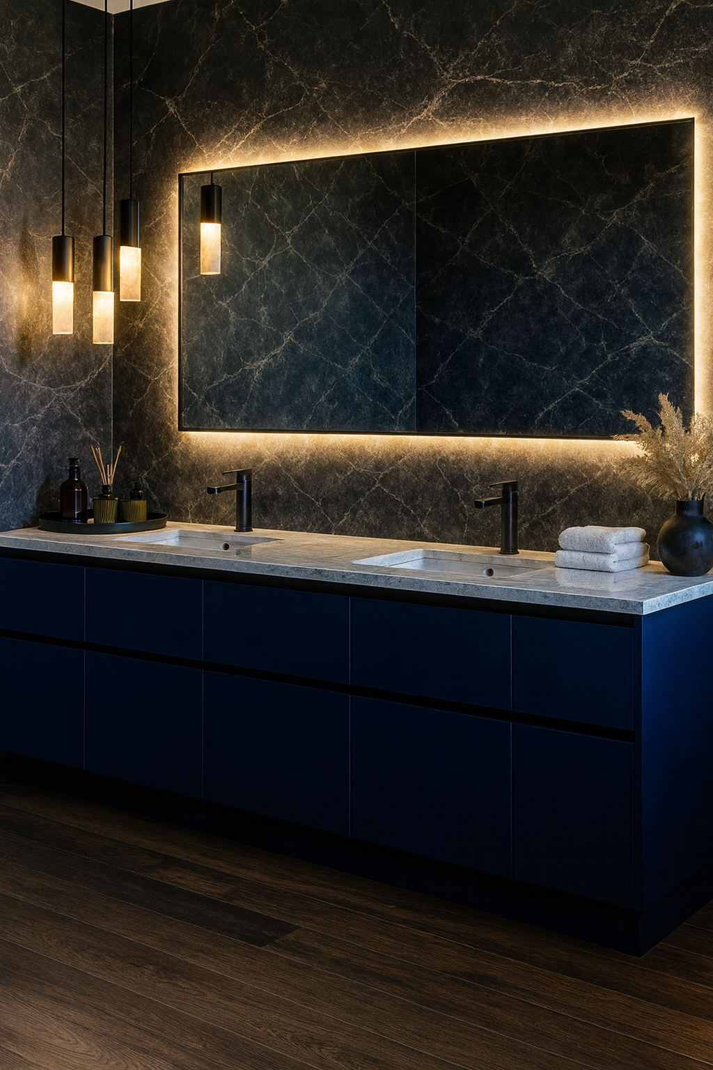 Modern bathroom vanity with double sinks, black matte faucets, marble countertop, framed backlit mirror, black pendant lights, and decorative items including towels, vases, and reed diffusers.
