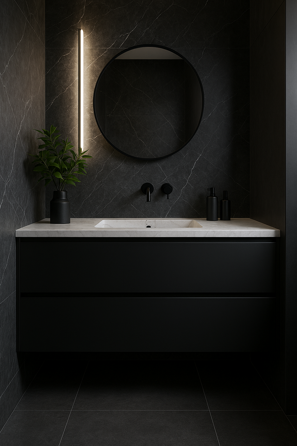 Modern bathroom vanity with a round mirror, black fixtures, a white countertop with a built-in sink, and black accessories including a potted plant and bottles, set against black marble walls.