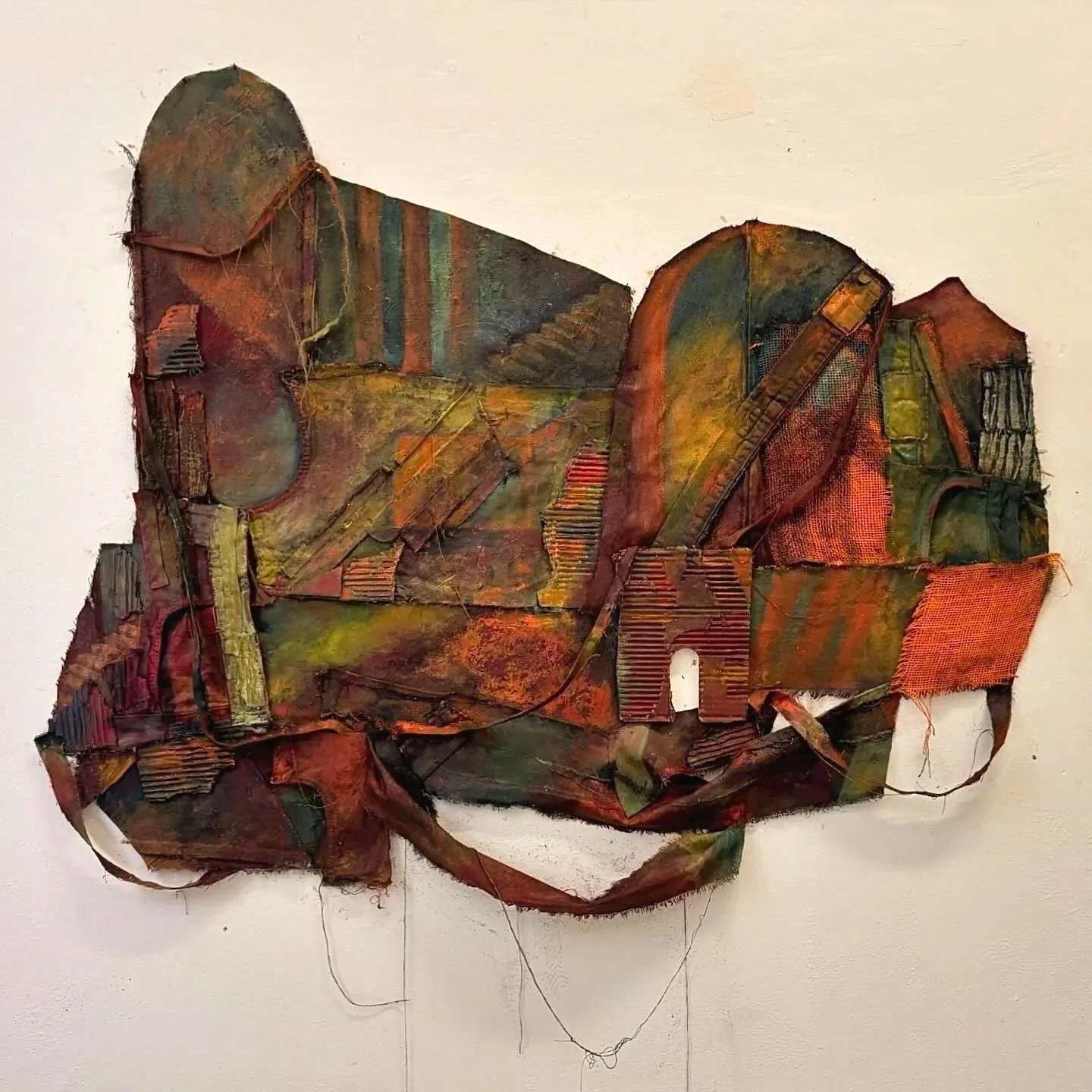 Now that I am wherever You are, oil on found denim, cotton, burlap, string, and cardboard.