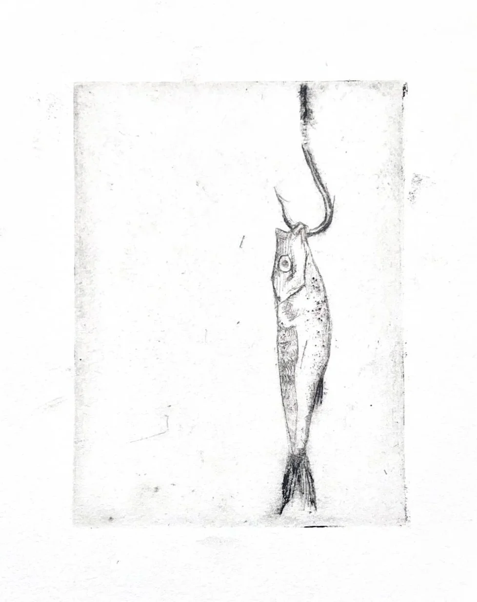 Fish on Hook, drypoint etching on Rives BFK, 6x4in