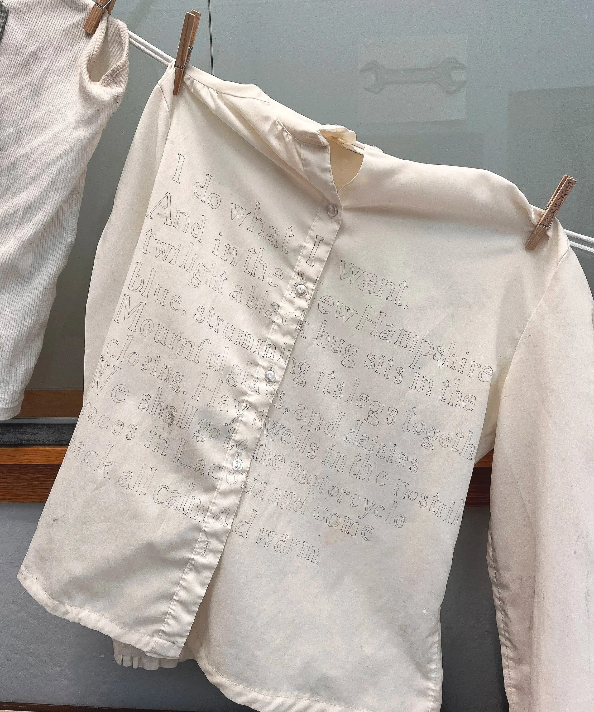 Shirt with O'Hara Poem, for "Woolgathering," ink on found polyester shirt. 