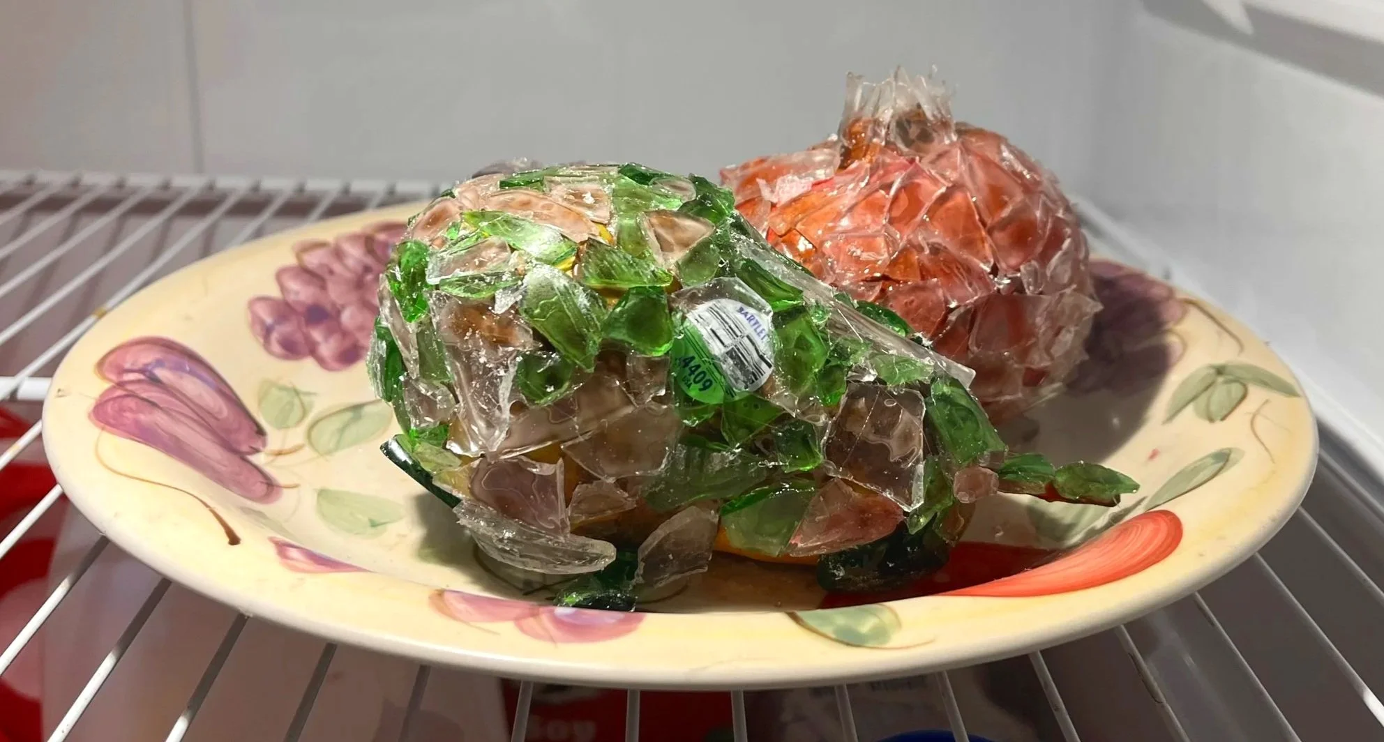 Glass Fruit [back], broken glass, pomegranate, pear, and nectarine, on found plate.