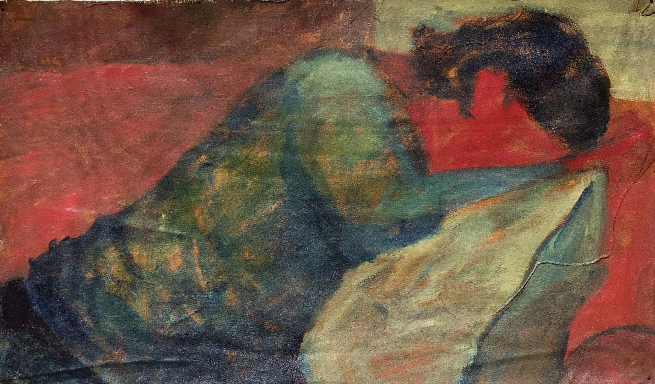 Pink House (Riley on the Couch), oil on canvas, 14x24in