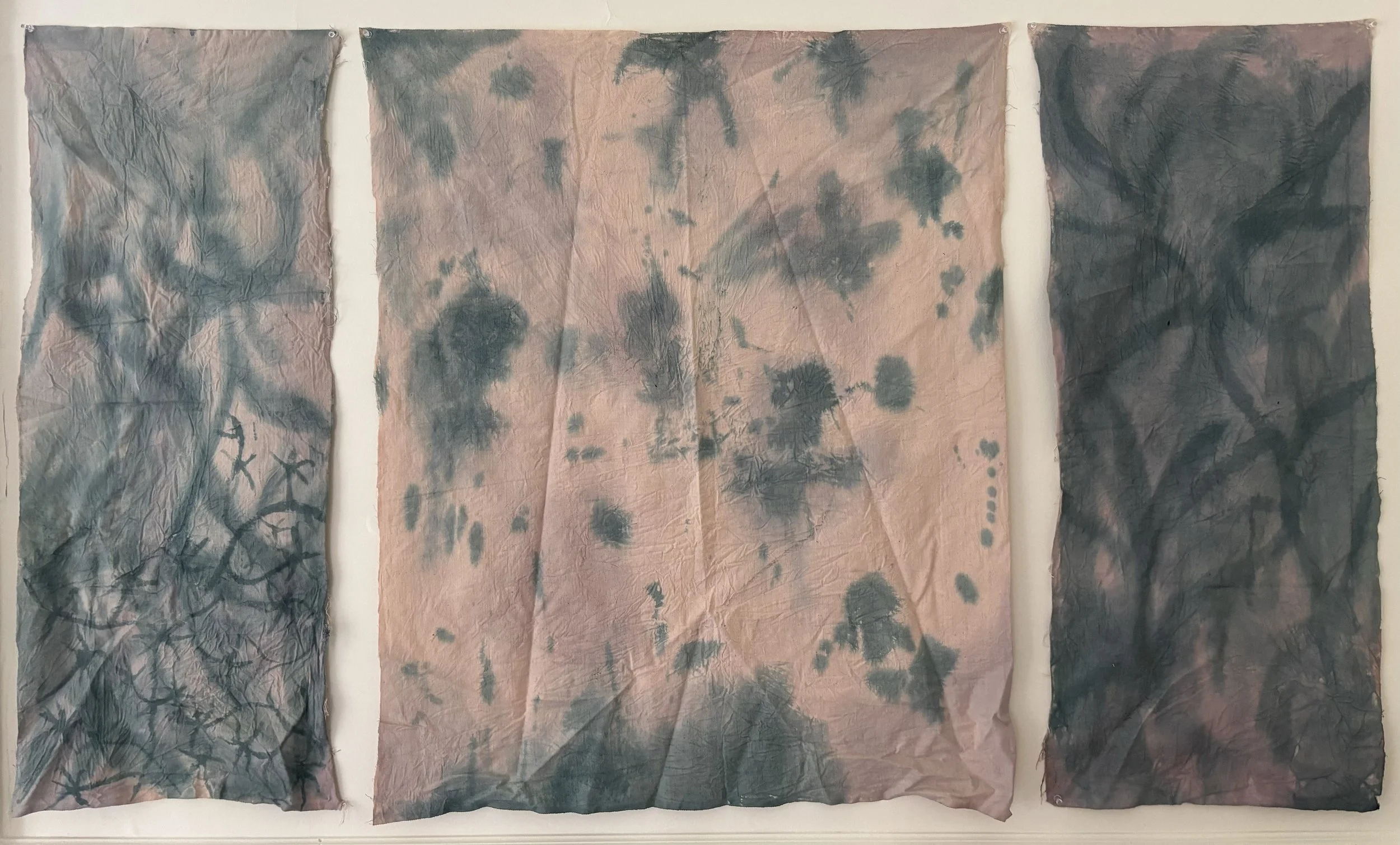 Vespers Triptych,  natural and synthetic dyes on salted raw canvas