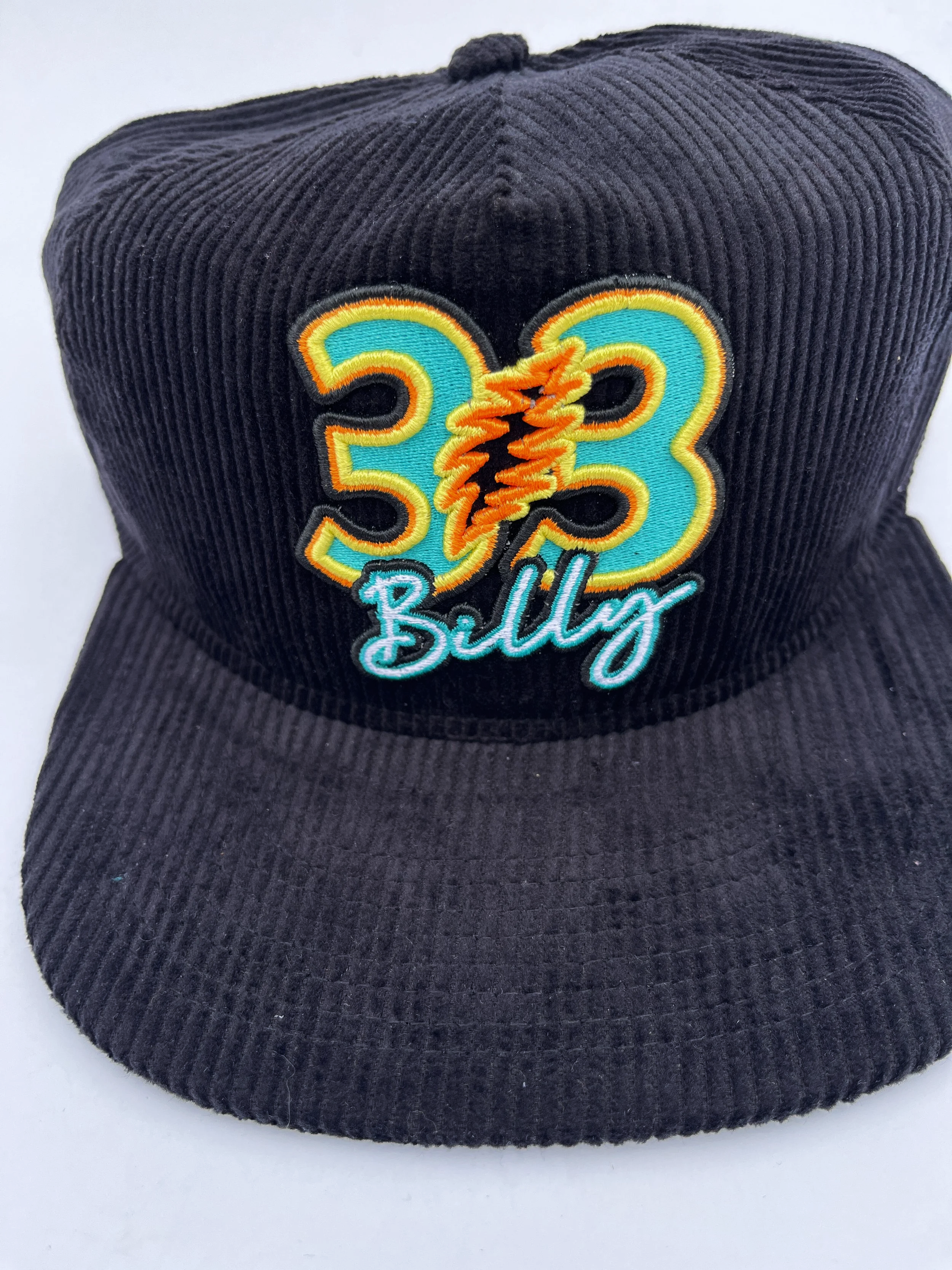 Black corduroy baseball cap with Teal, Yellow, Orange Billy-33-Dancin' Bolt- Billy Strings