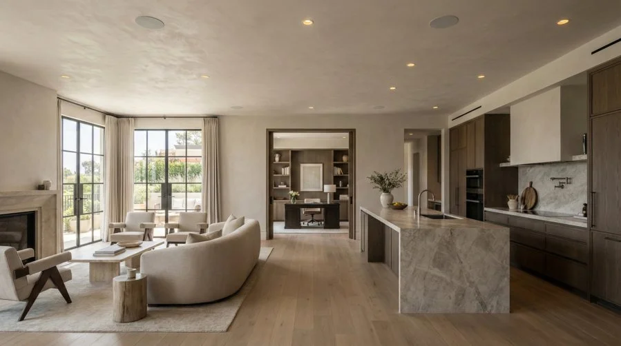 Elegant open-concept living area and kitchen featuring soft neutral tones, minimalist wooden decor, and recessed lighting.