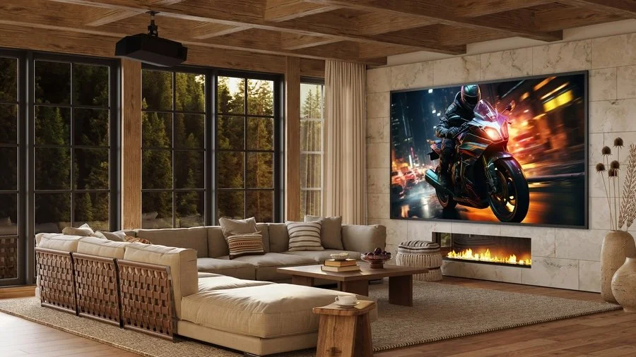 Ceiling-mounted Sony projector shows a racing motorcycle on a projection screen in a room with floor-to-ceiling windows.
