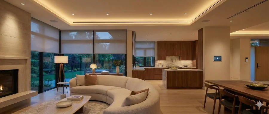 open-concept living room and kitchen with curved sofa, recessed lighting, partially lowered shading, and garden views.