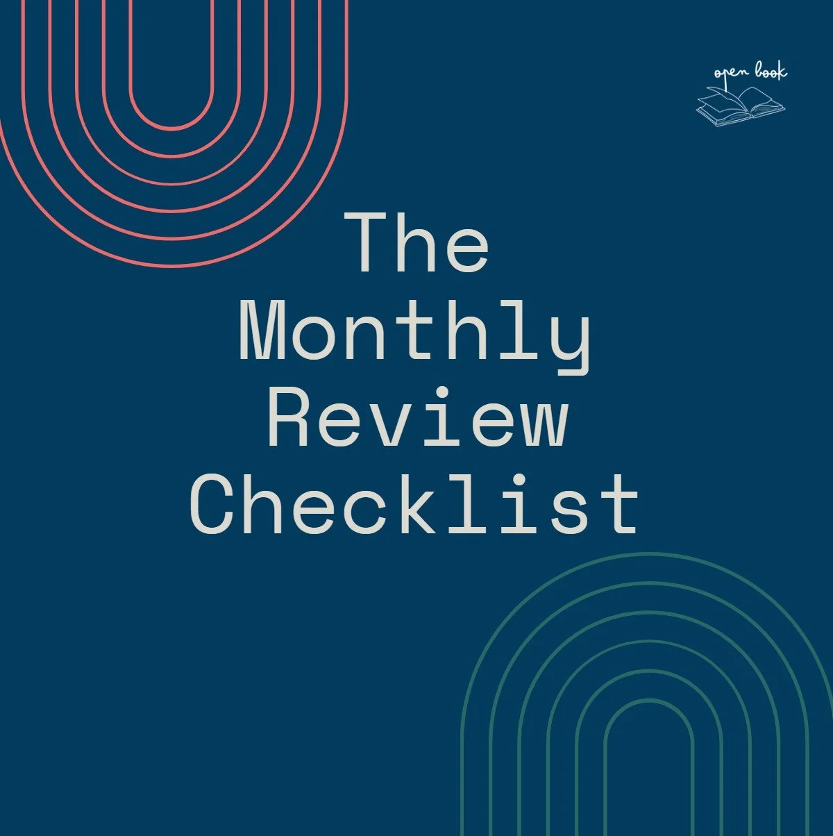 Cover page of a checklist titled 'The Monthly Review Checklist' with geometric line designs and a small open book icon with the words 'open book' in the top right corner.