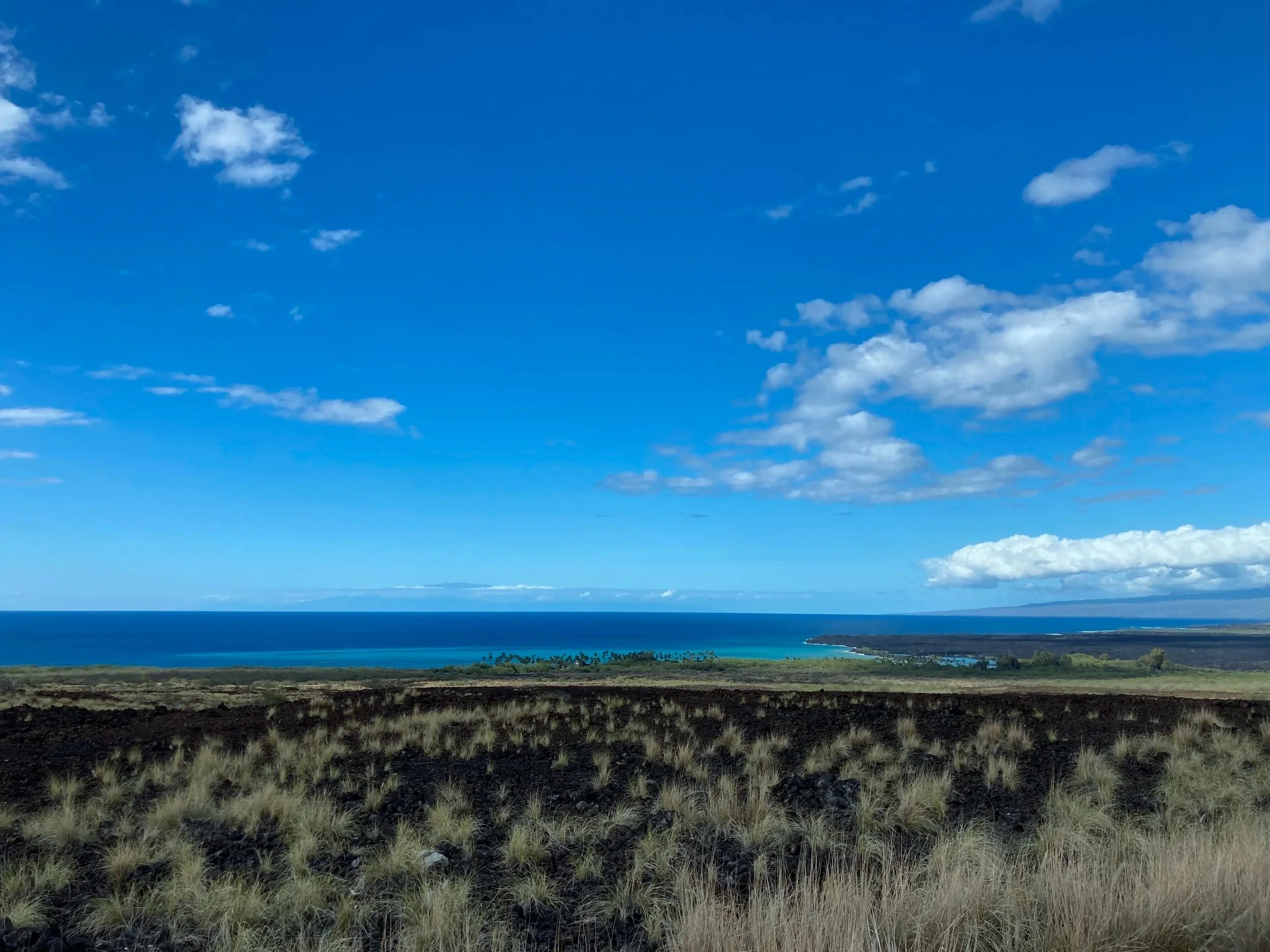Scenic landscape of grassy volcanic land leading to a blue ocean under a partly cloudy sky.