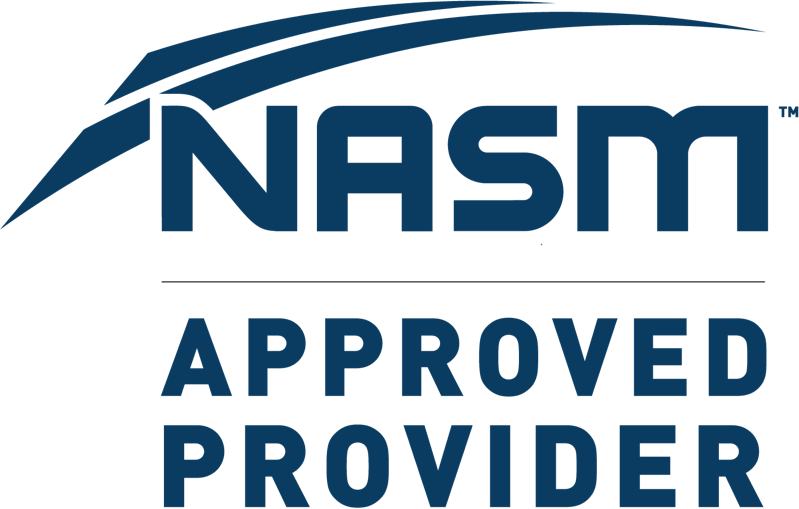 NASM Approved Provider logo with blue stylized swoosh design above the text.