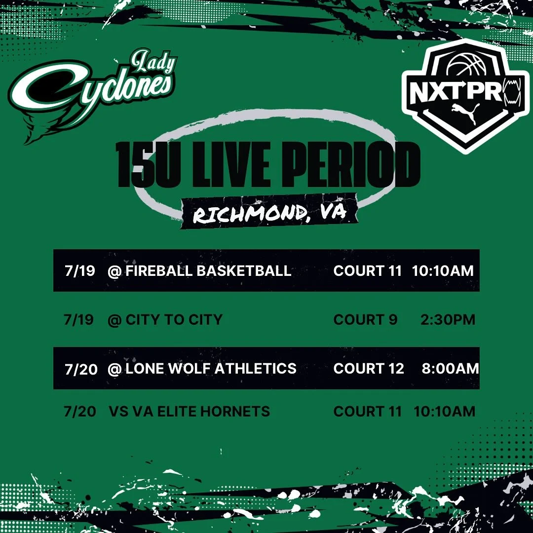 Our 15u squad travels to Virginia this weekend for the Puma NxtPro Live Period. Wish our girls luck as they continue to display their talents and represent the cyclone family on the big stage! 

#Puma #PumaHoops #PumaBasketball #NxtPro #Pro16 #AAU #A