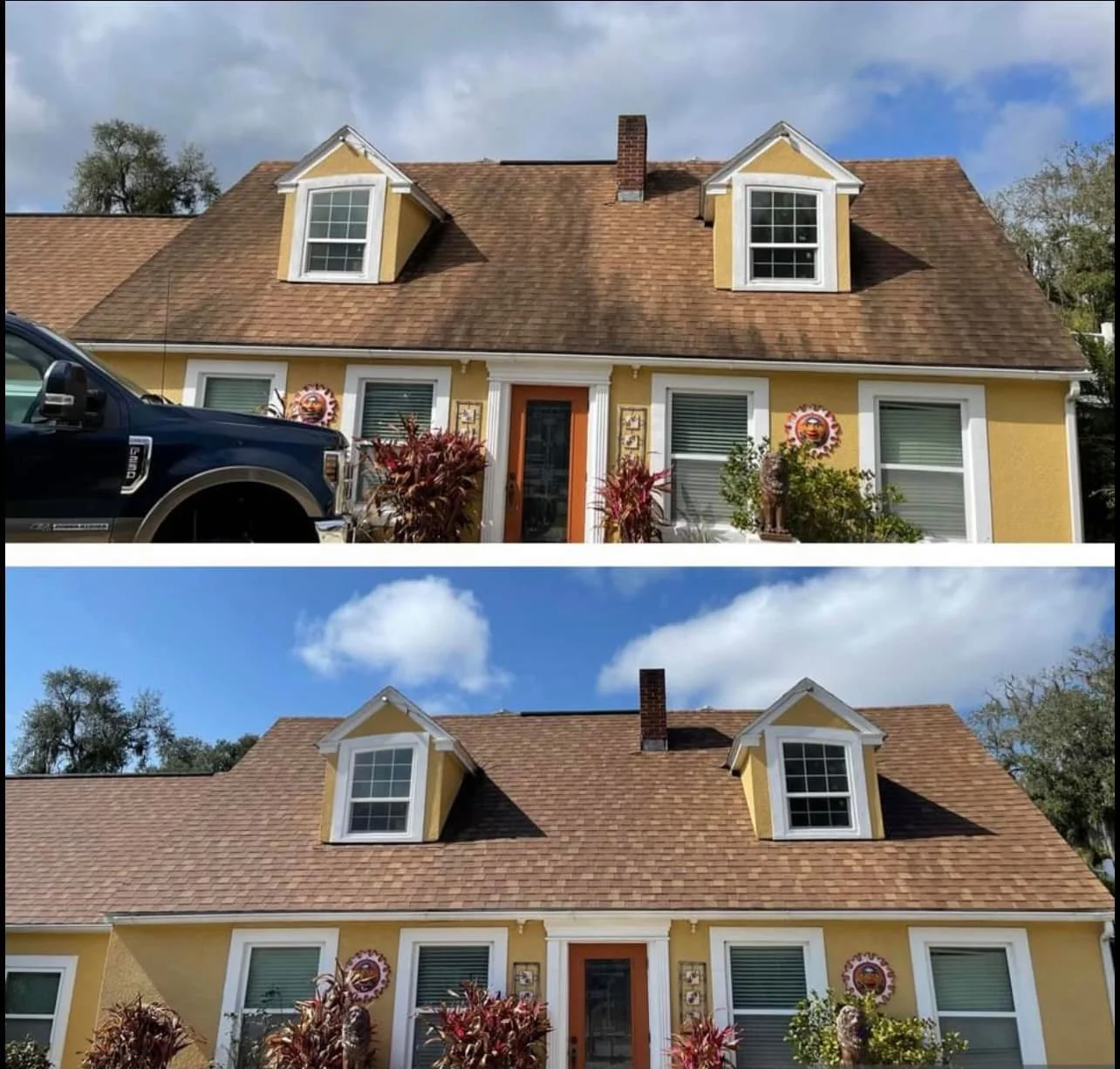 Comparison of a house before and after gutter removal, showing the front view with a yellow facade and brown roof.