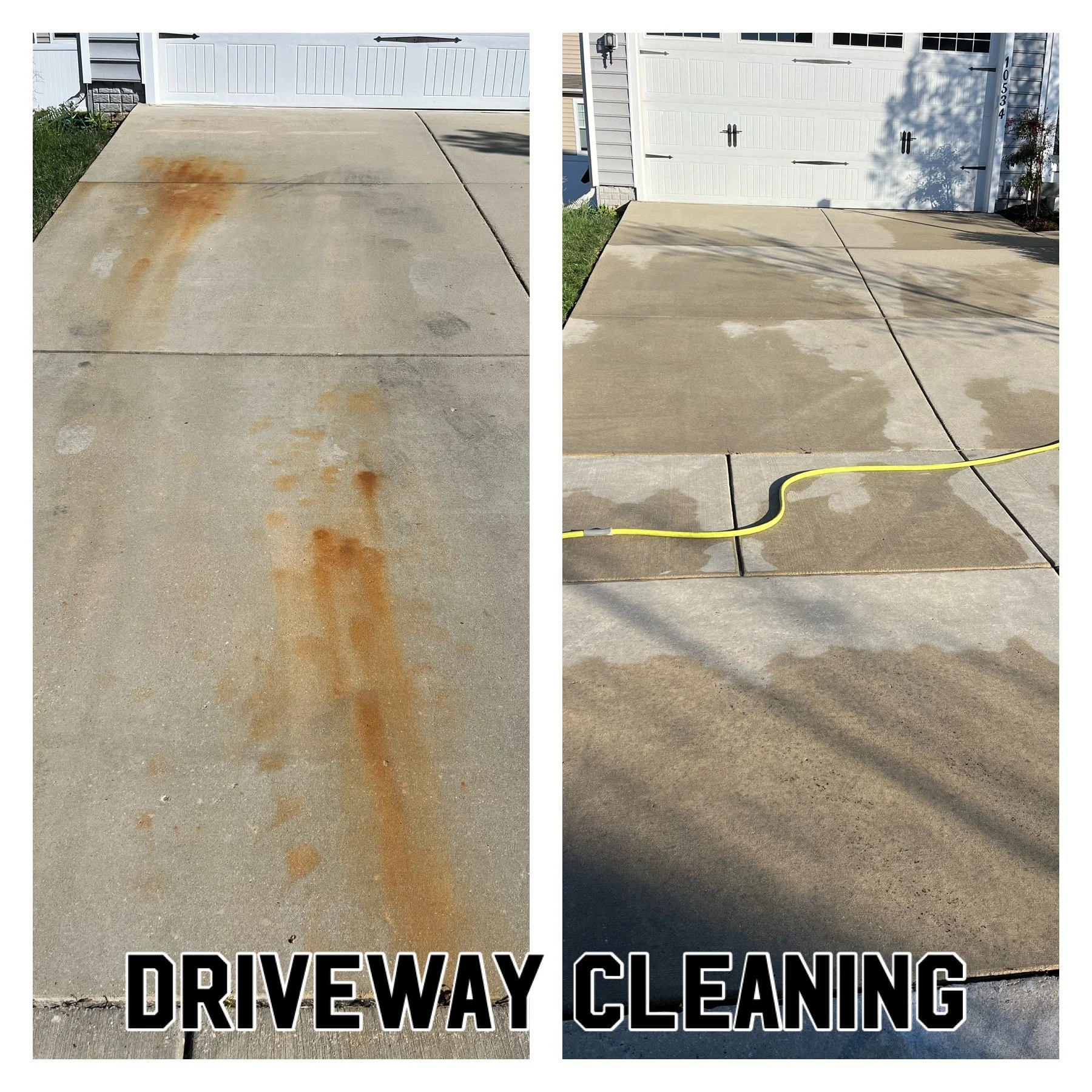 Before and after power washing comparison of a concrete patio with red chairs, showing significant cleaning improvement.