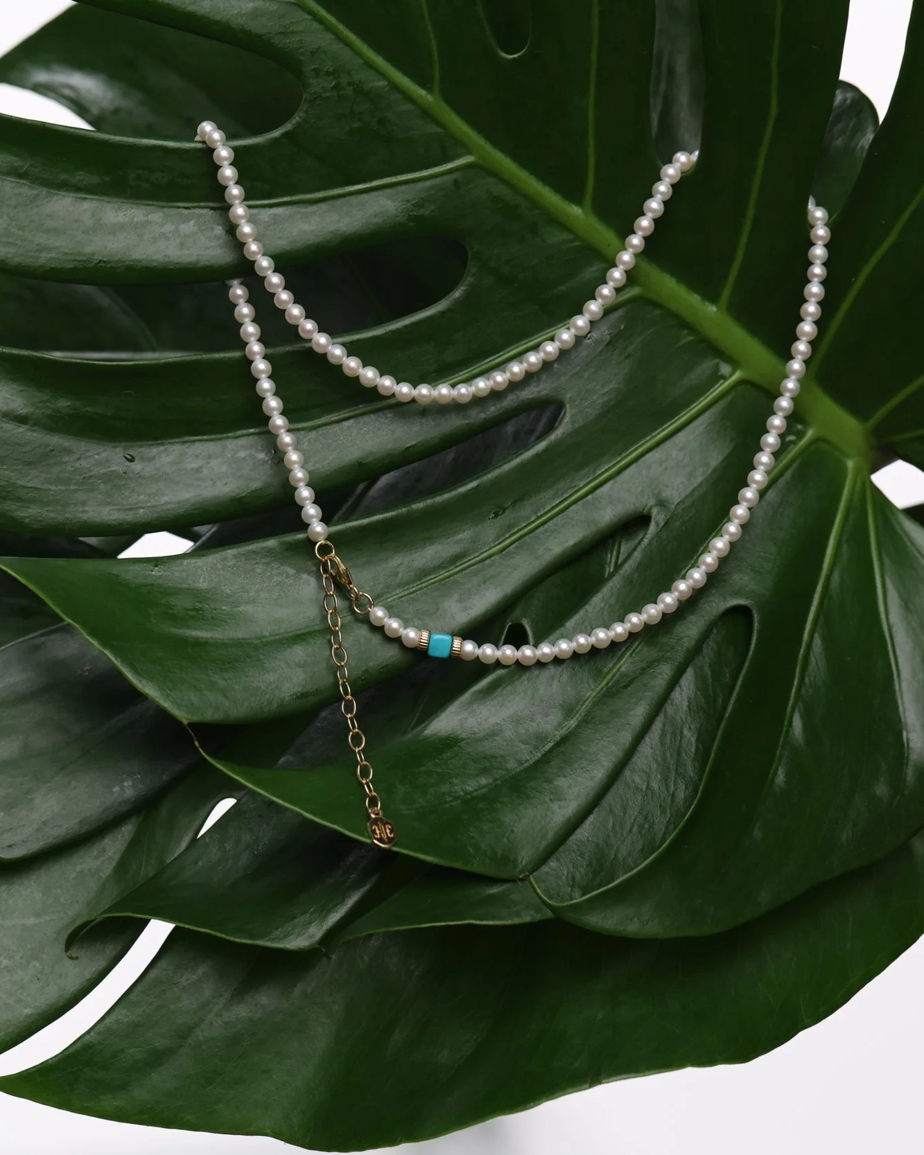 Élan necklace with 3 mm cultured white pearls, a square turquoise detail, 14K gold extender chain and 14K gold logo charm, draped in soft curves across glossy green monstera leaves.