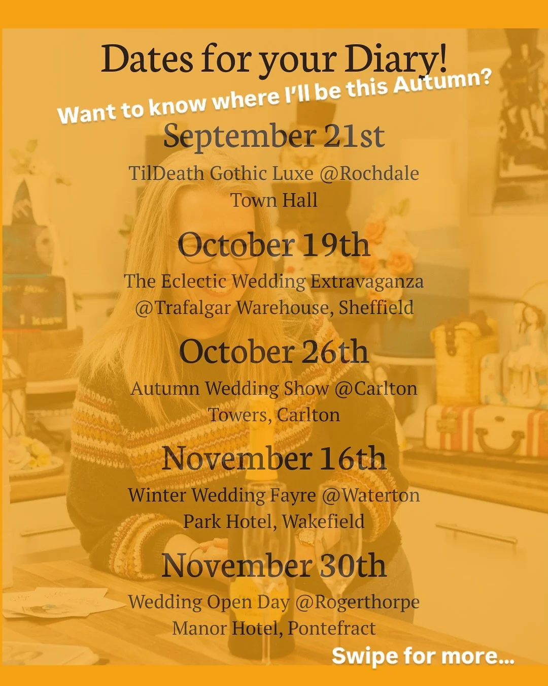 Want to know where I&rsquo;ll be this Autumn?! 
Some dates for your diary! 

This Sunday I will be at the stunning Rochdale Town Hall for @tildeath_darkweddingcol GothicLuxe show

Then October-
19th The Eclectic Wedding Extravaganza @allaboutewe  at 