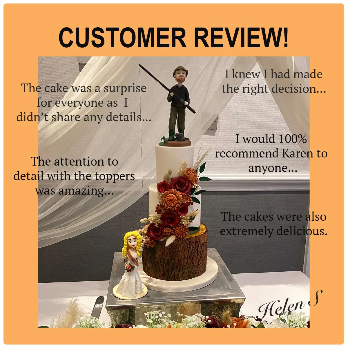Kind words! :)

I was absolutely delighted to be approached by Helen..a mother of the groom who had been put in charge of the cake! She had a good idea of what she wanted, so with my help and guidance we came up with the perfect design for her son an