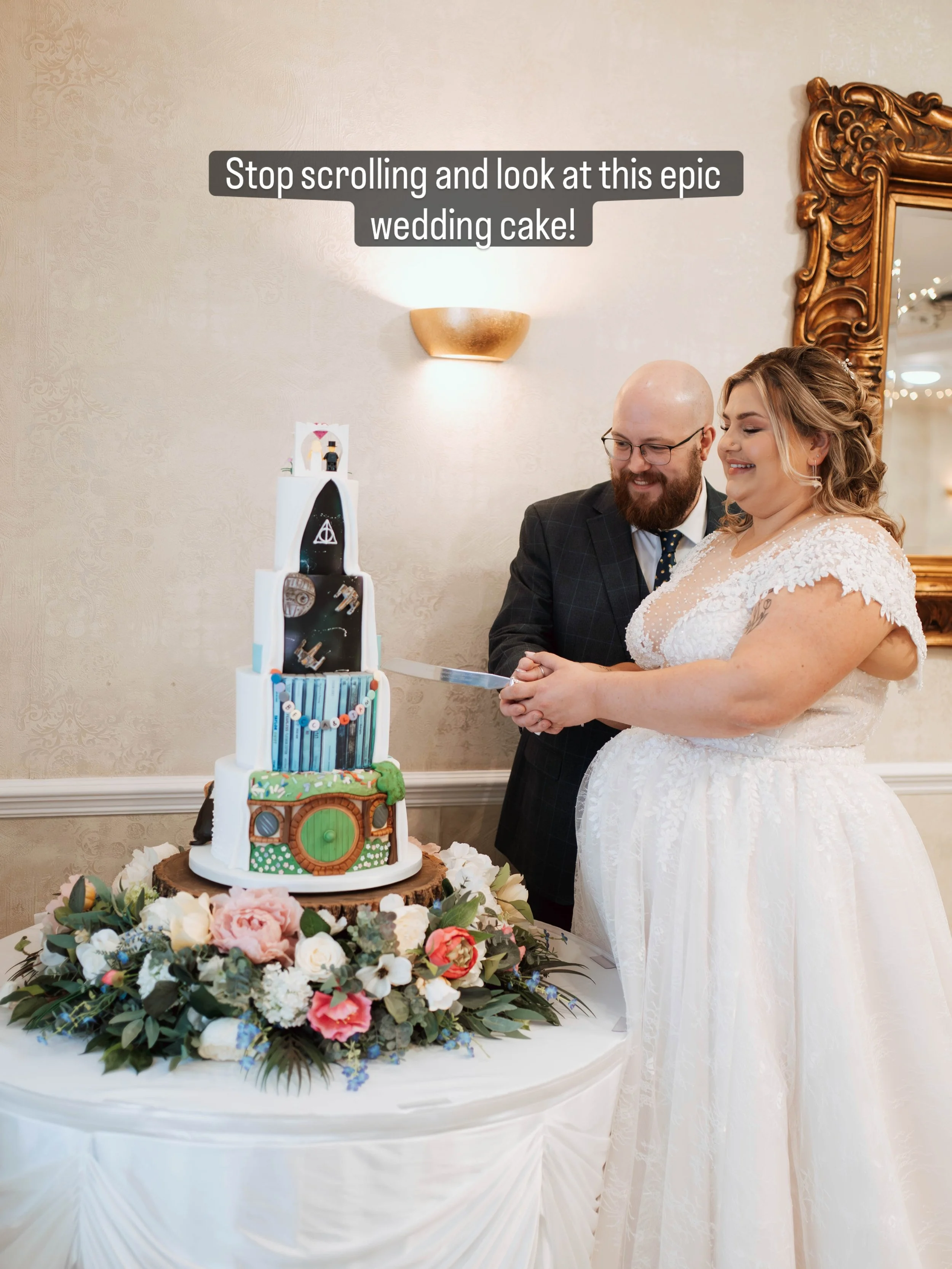 These amazing professional images landed in my inbox this week from the oh so cool and epic Becca and Liam&rsquo;s (yes that is every single Taylor Swift album on their cake right above Bilbo Baggins Hobbit house) wedding earlier this year! 

Want an