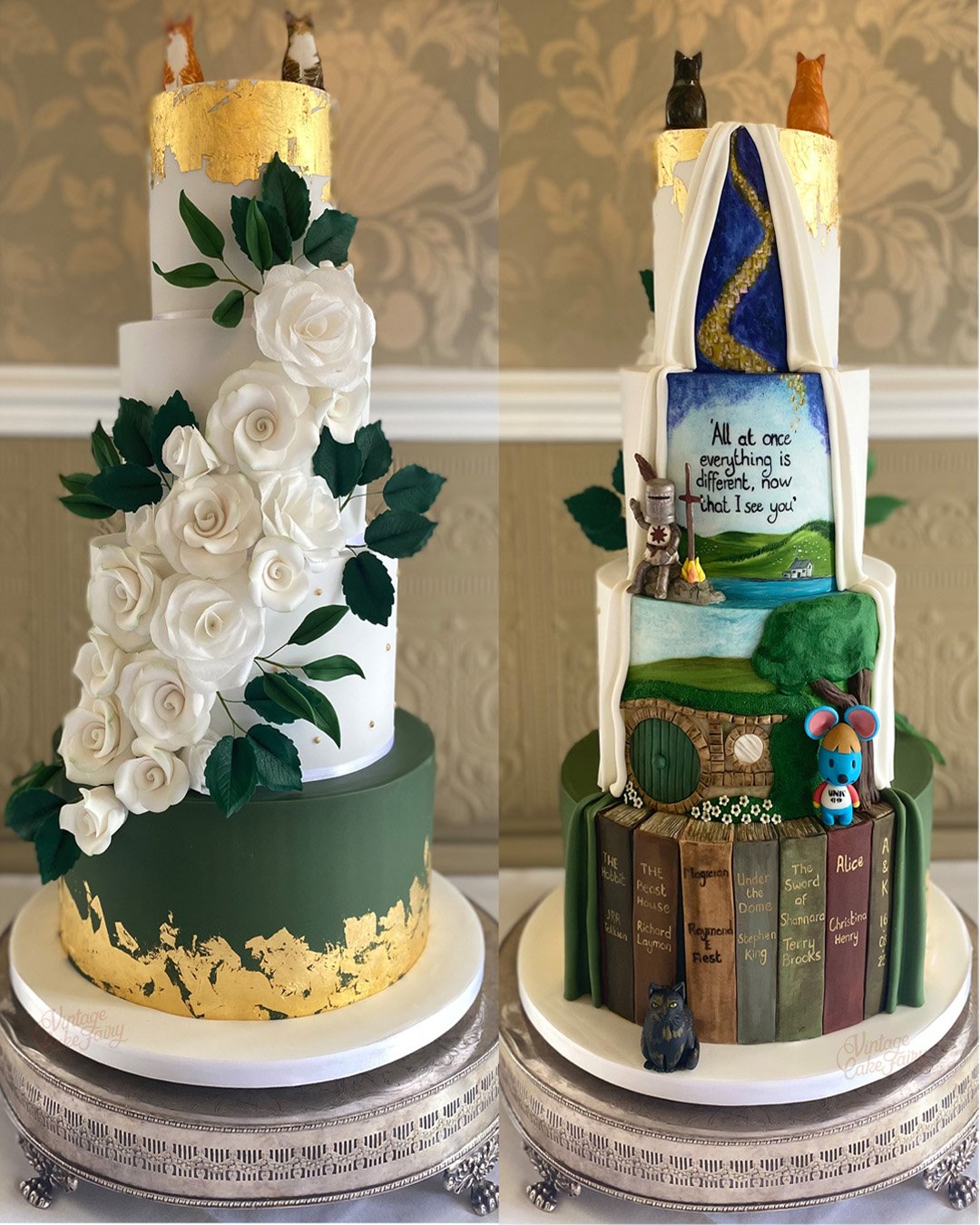 Four tier reveal back white wedding cake with green tier and gold leaf, front side decorated with white flowers and green leaves cascading, back reveal with books, The Hobbit and countryside decoration