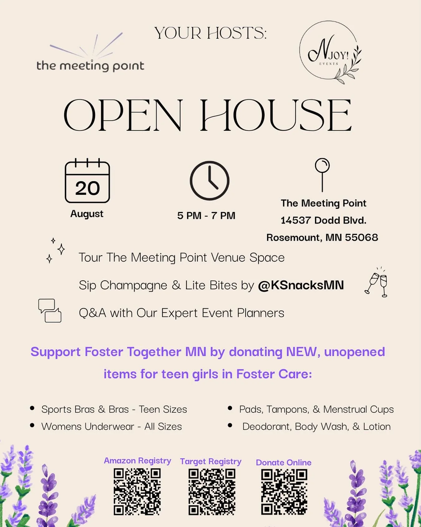 We are so ready for N&rsquo;Joy! Events x @themeetingpointmn OPEN HOUSE on August 20th! Tour the awesome Meeting Point venue, enjoy champagne and lite bites by @ksnacksmn, chat with our expert event planners, and support Foster Together MN by donatin