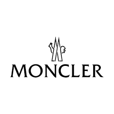Moncler logo with stylized mountain peaks and a small emblem resembling a rooster to the right of the mountain graphic.