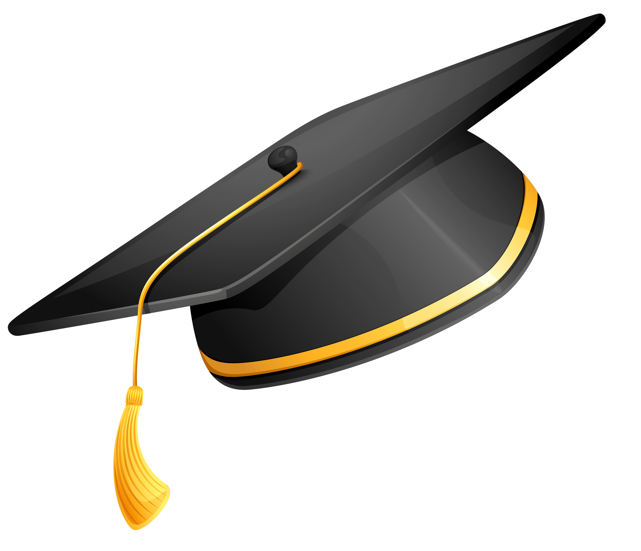 A graduation cap with a yellow tassel and a yellow band around the base, viewed from above on a black background.
