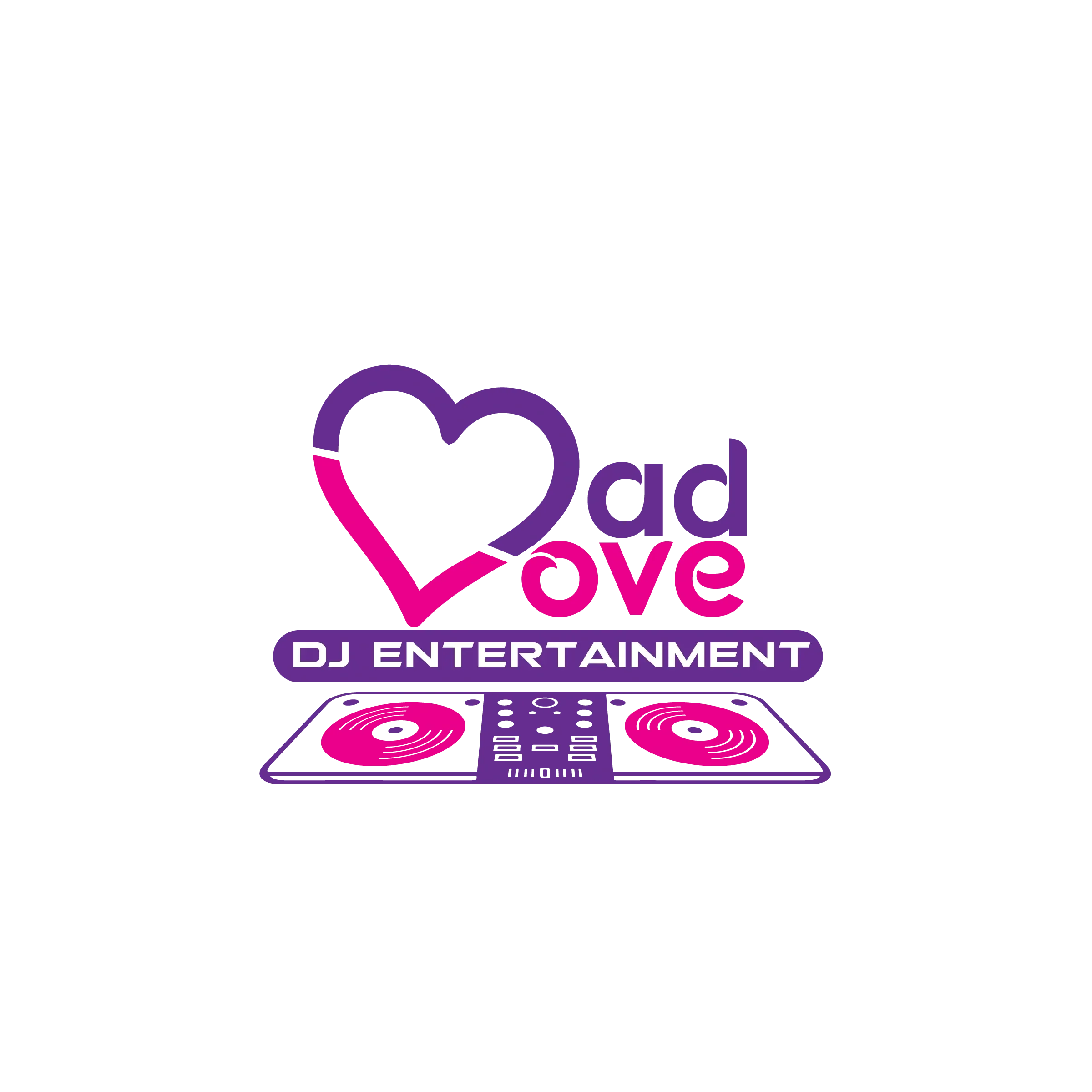 Logo with the words 'Mad Love' in purple and pink, a heart shape, and a DJ turntable illustration, with the text 'DJ ENTERTAINMENT' below in a purple oval.