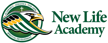 New Life Academy logo featuring an eagle head with green, yellow, and black accents and the school name in green